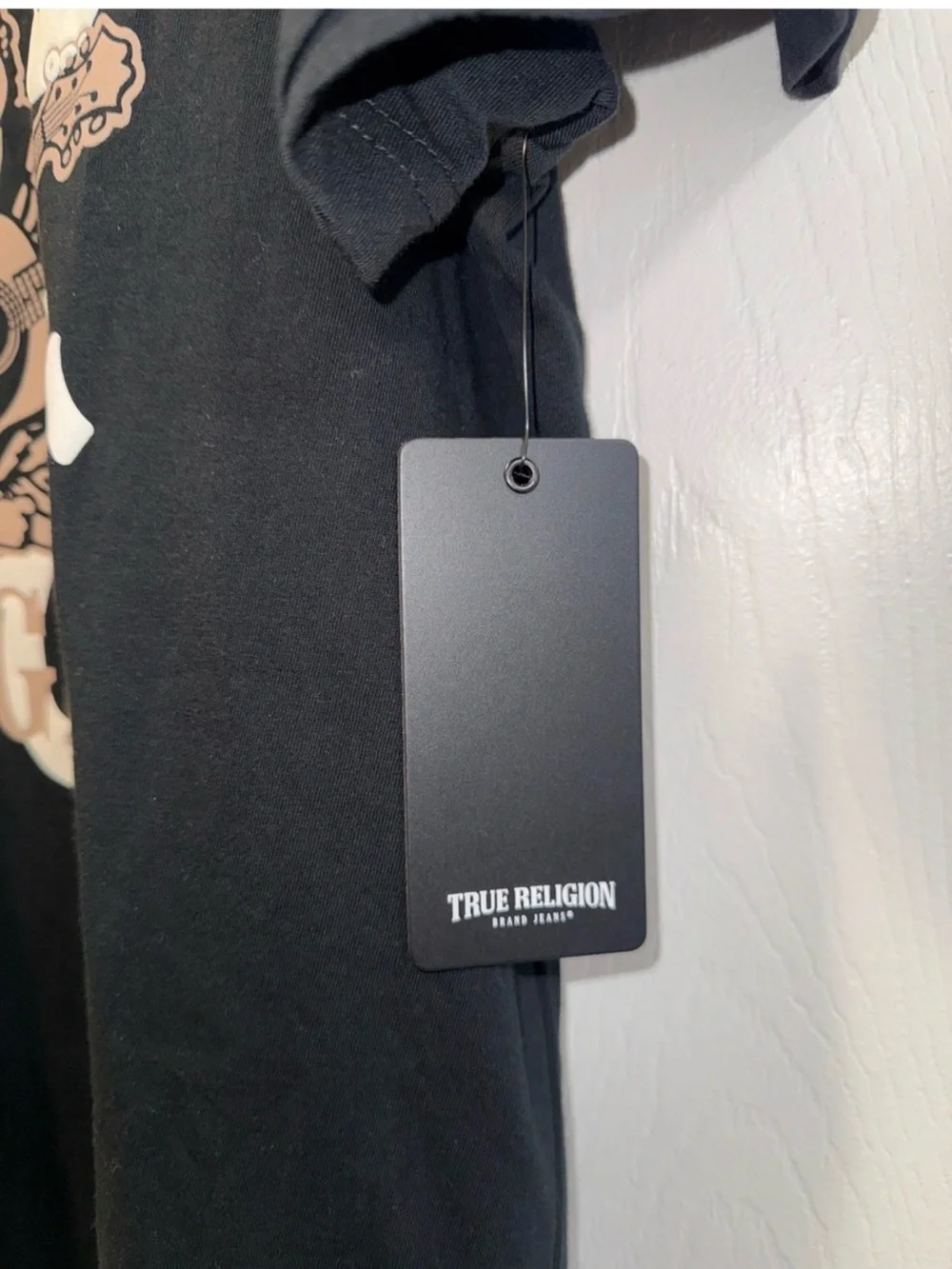 True Religion Black Tee with Beige Graphic Buddha Guitar